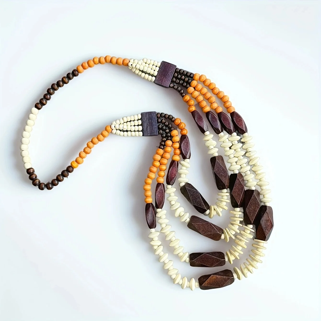 Long Wooden Beaded Necklace for Women Bohemian African Style Multi-Layered Jewelry Geometric Shell Pendant Fresh Sweet Style