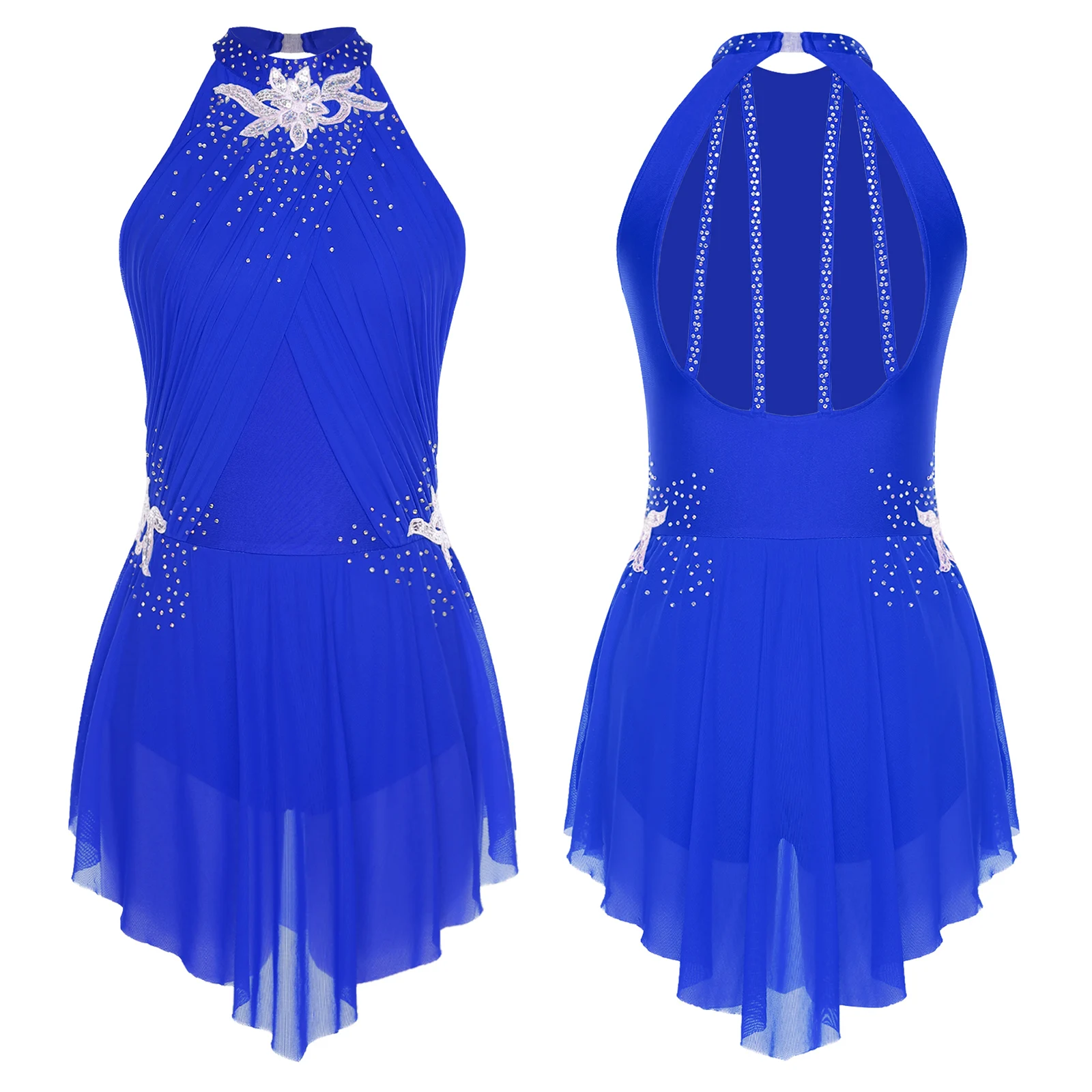 

Women Leotards Dress Rhythmic Gymnastic Dance Figure Skating Lyrical Dancewear Shiny Rhinestones Halter Backless Bodysuits Dress