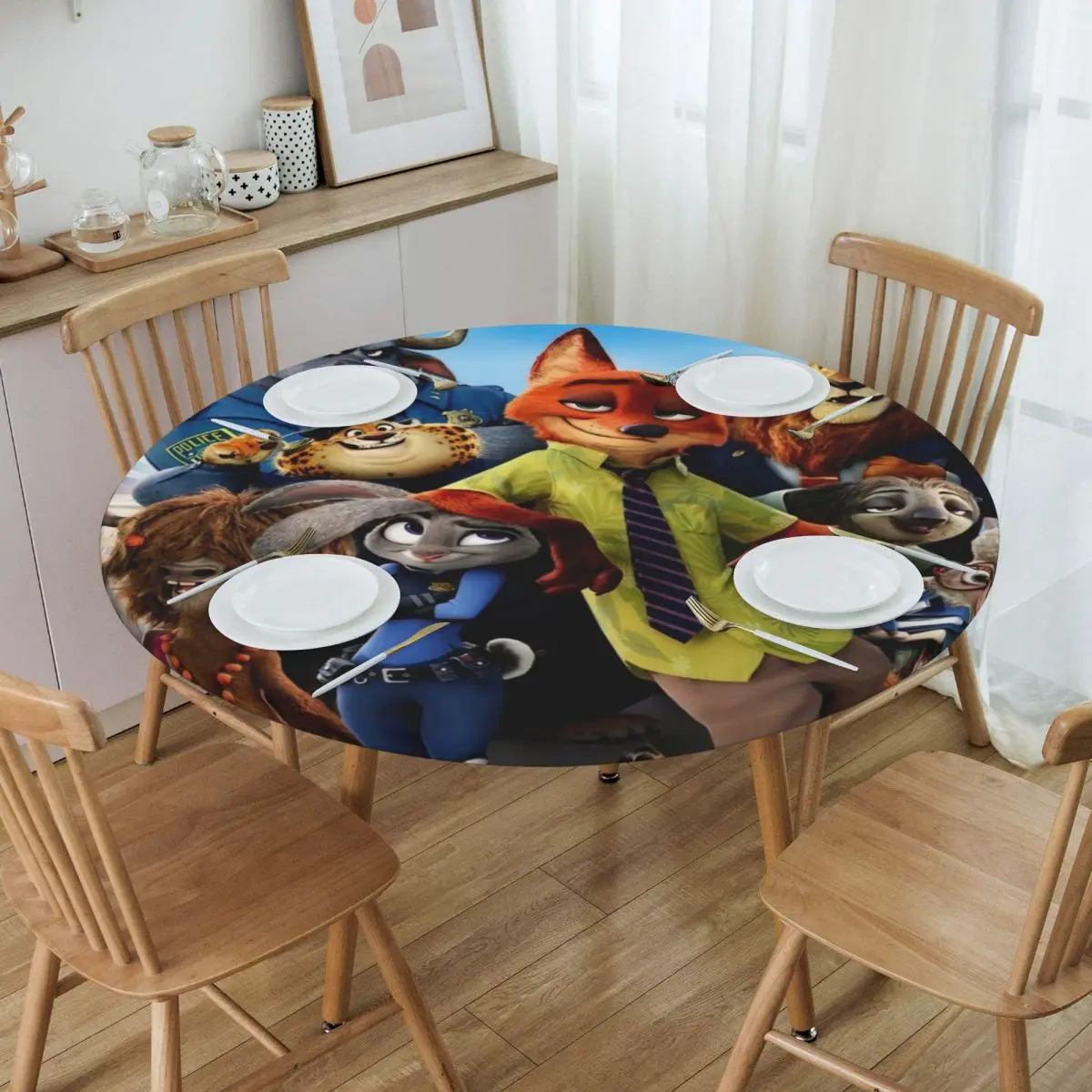 Round Waterproof Oil-Proof Disney Zootopia Film Tablecloth Backed Elastic Edge Table Covers Fit American Animation Table Cloth