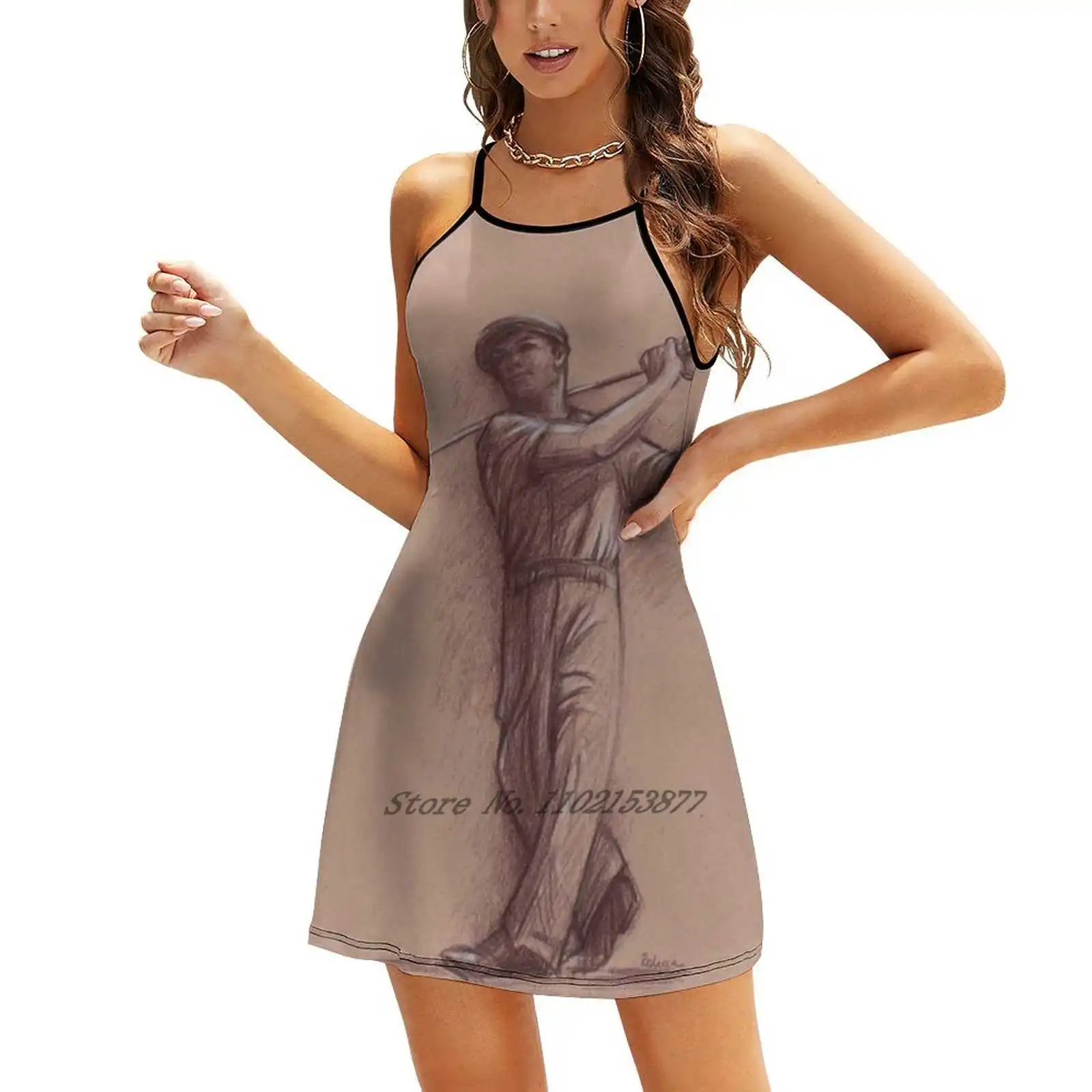 Ben - Pencil Drawing Of The Legendary Golf Master Loose Pocket Dress Print Short Sleeve Dresses Multiple styles Golf Golfer