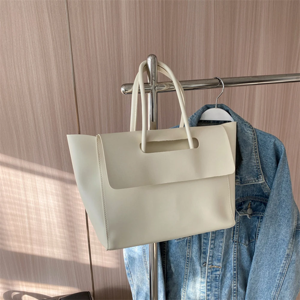 Women Minimalist Shoulder Tote Bag Large Capacity PU Leather Top Handle Bag Solid Color Fashion Tote Handbag Retro Messenger Bag