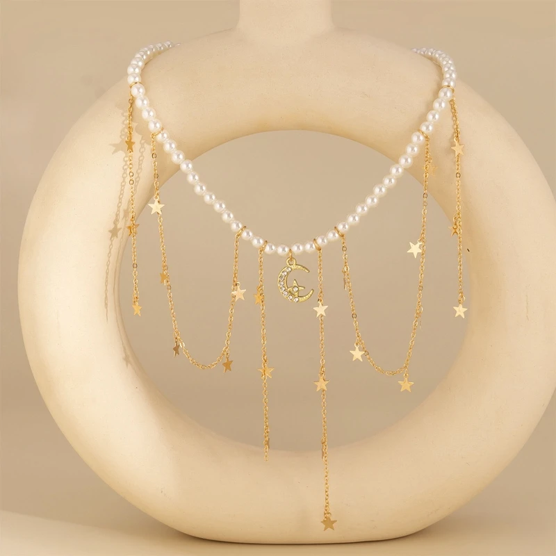 Collar cadena clavícula Collar perlas barrocas Gargantilla Collar borlas estrellas