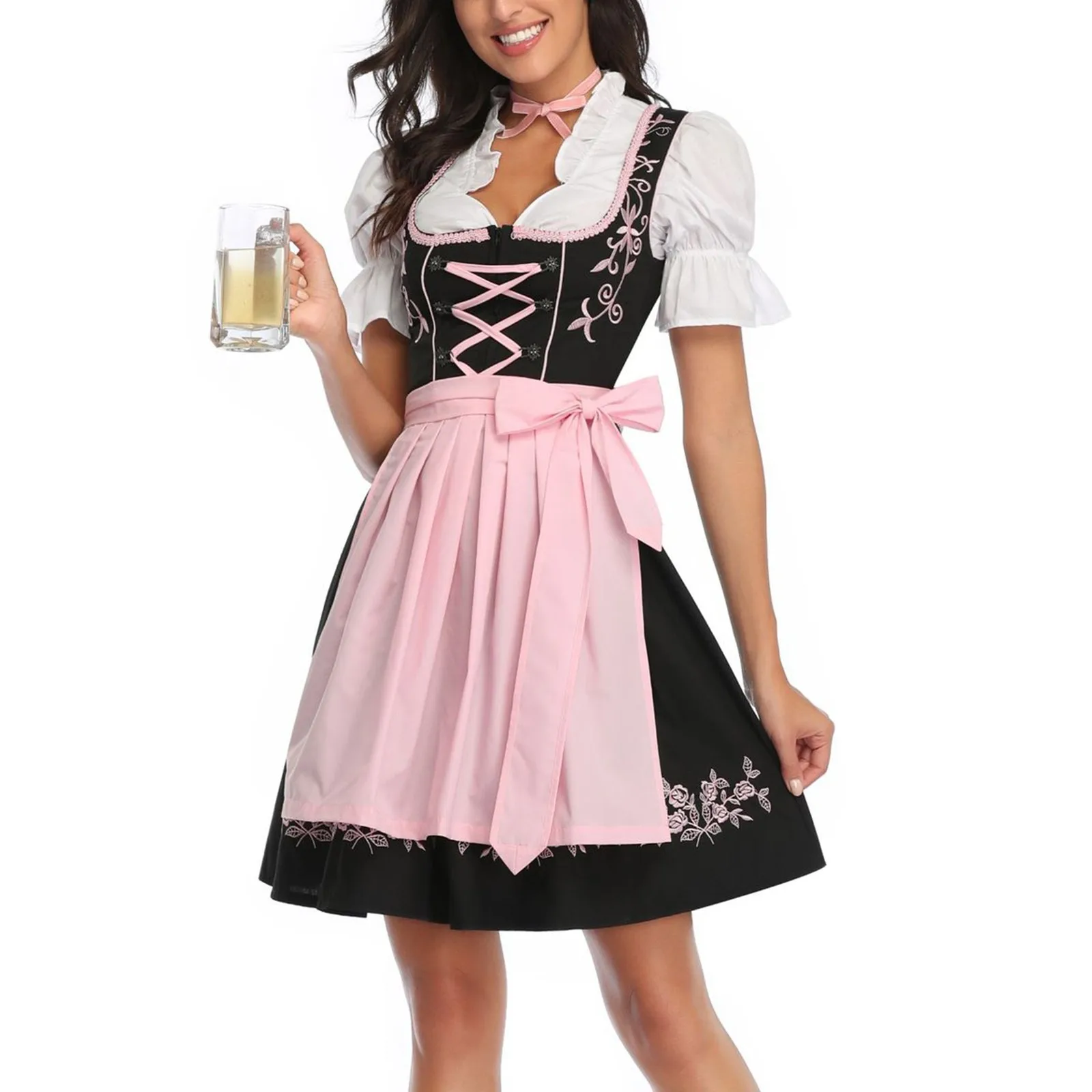 Damska niemiecka sukienka Dirndl Oktoberfest Dirndl sznurowana sukienka świąteczna kostium Oktoberfest przebranie na karnawał przyjęcie Plus Size