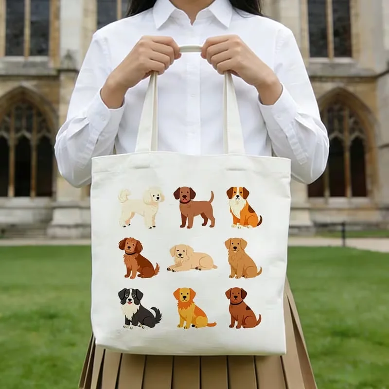 Cute Cartoon Multi Dog Breeds Canvas Tote Bag Adorable Puppy Pet Print Shoulder Bag Reusable Handbag for Daily Use