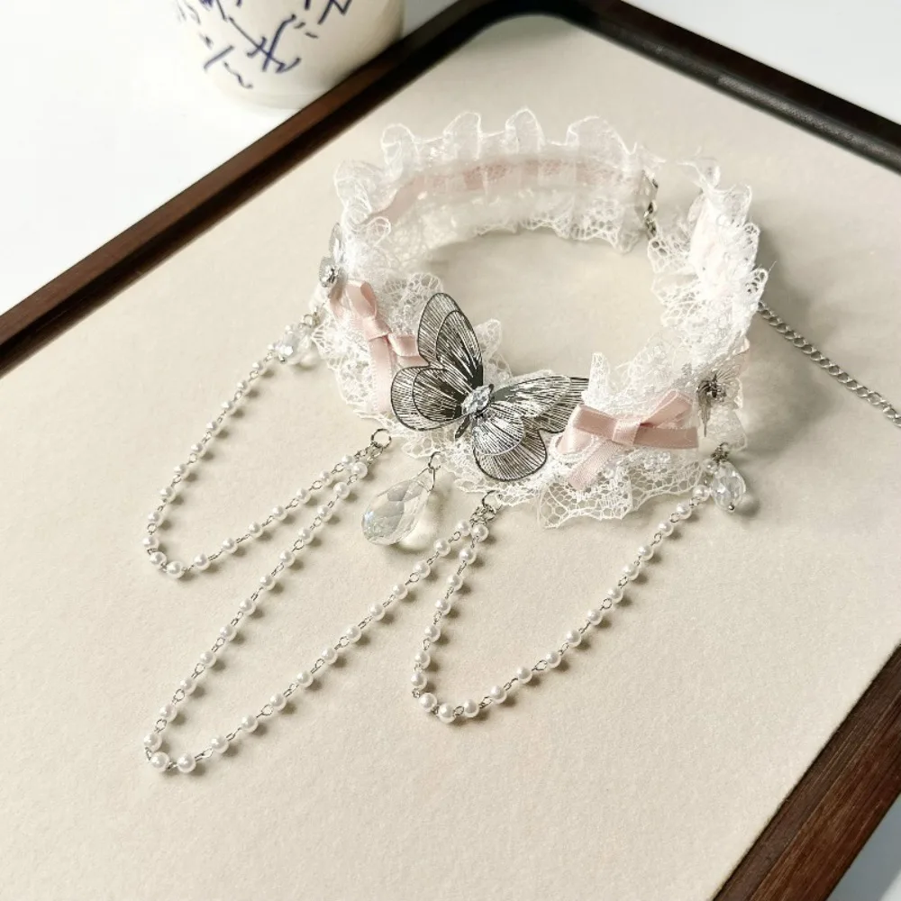 

Crystal Lace Bow Choker Pearl Tassel Lolita Rhinestone Pendant Necklace Accessory Collarbone Chain Butterfly Necklace