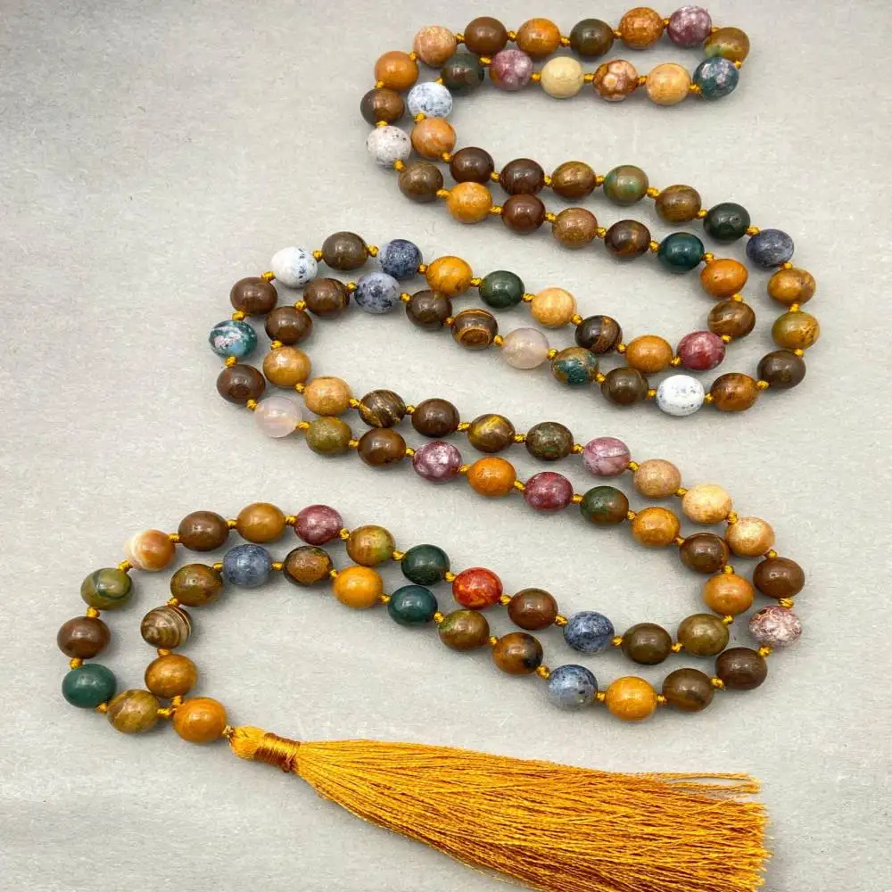 

Натуральное многоцветное матовое ожерелье-мала из агата на 108 бусин с золотым кисточком, духовное украшение для медитации