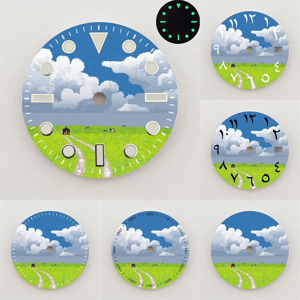 28.5mm NH35 Dial Prairie Countryside Scenery Dial Luminous Dial Colorful NH36 Dial Watch Accessories Fits NH35/NH36 Movement