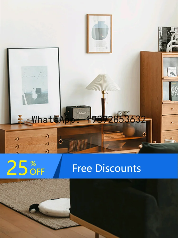 

TV Cabinet Nordic Glass Sliding Door Storage Cabinet Modern Simple Living Room Solid Wood TV Cabinet