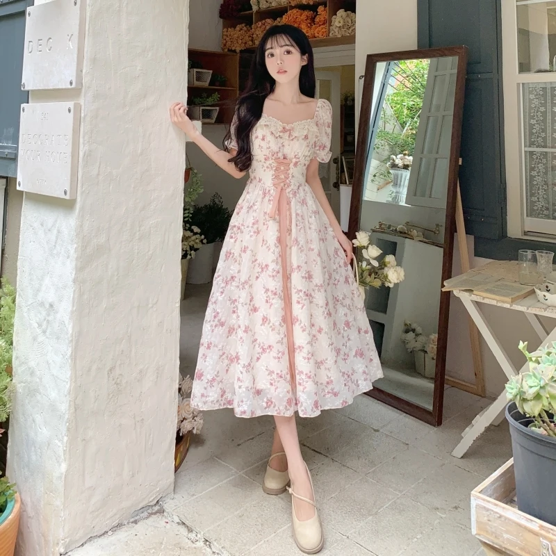 Korean Fashion Summer 2023 Chiffon Lace Fairy Dress Retro Square Neck Crushed Flowers Princess Sleeve High Waist Sweet Dress