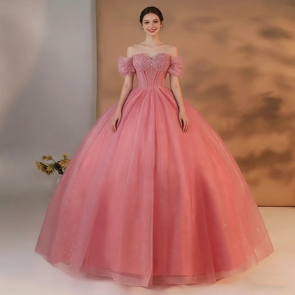 

Beading Ball Gown Quinceanera Dresses 2026 Orange Pink Customized Off the Shoulder Evening Dress Lace Up платье на выпускной