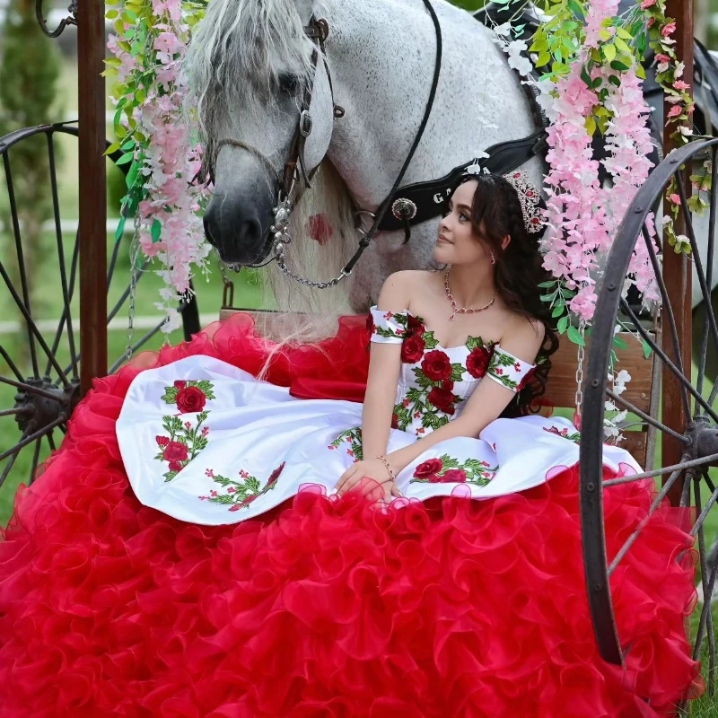 Lorencia ثوب كرة أحمر, فستان Quinceanera, مزين بالدانتيل, تطريز طبقات الكشكشة, حلو 16 فستان, 15 سنة, YQD217, 2023