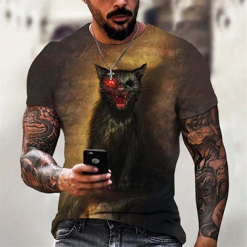 Monster Cat Graphic T-Shirt For Men Cartoon Animal 3D Print Tee Summer Casual Loose Short Sleeve T Shirts O-Neck Tops Streetwear