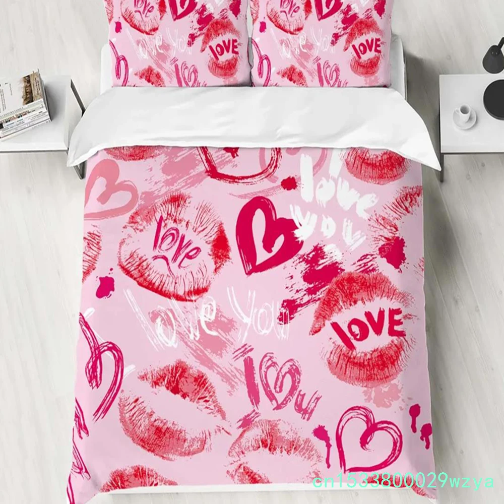 Valentine's Day Heart Bedding set, Skin friendly, warm, comfortable, Warm Pink surface, Red Lip Print With A Heart Pattern