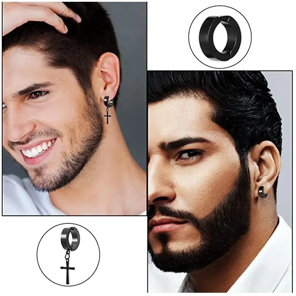 2pcs Men Stainless Steel Non-Piercing Magnetic Stud Earrings Cross Dangle Hoop Unisex CZ Magnet Clip on Earring Jewelry Gift