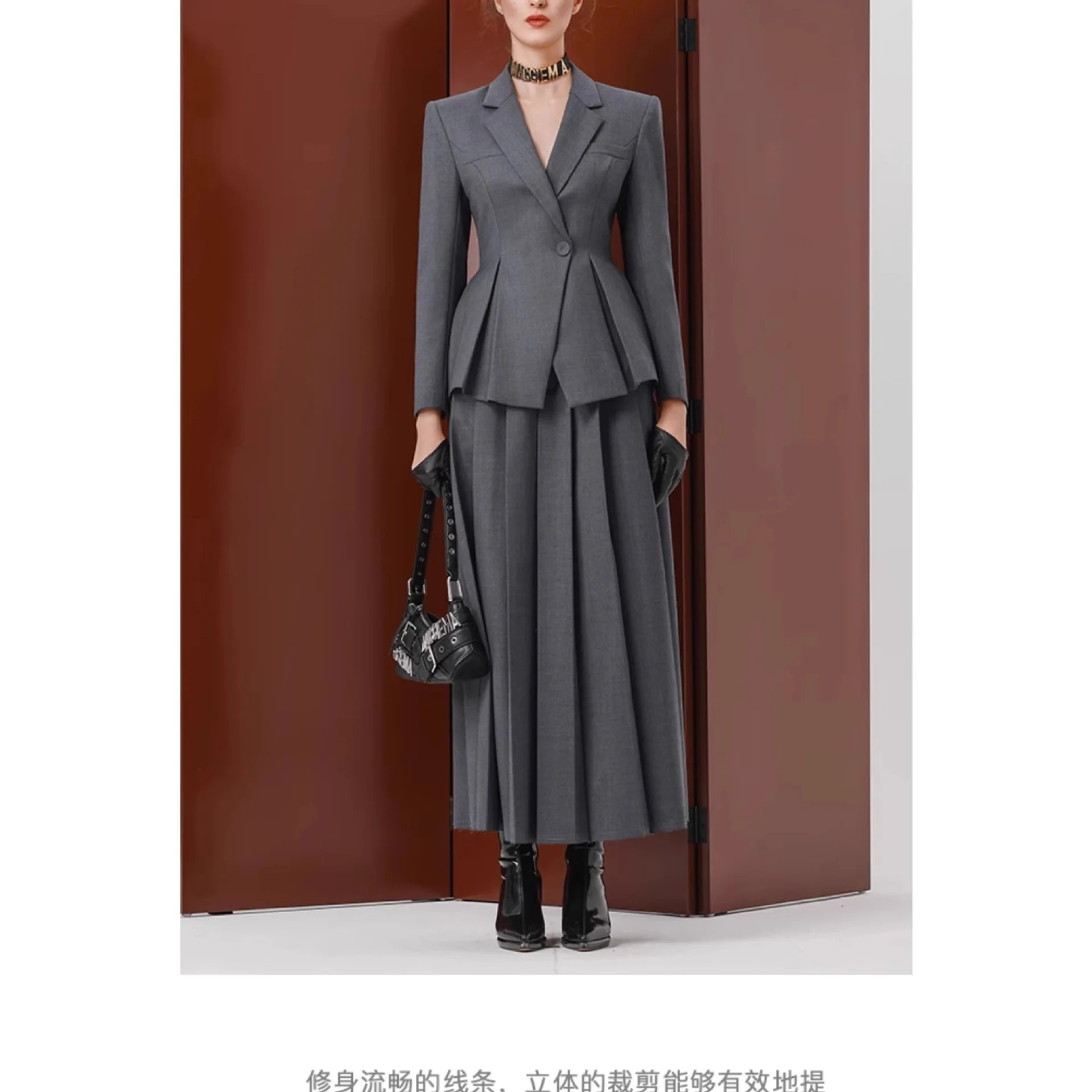 Autumn Winter Office Lady Elegant Two Piece Skirt Set Dress Elegant Workwear Gray Blazer+Pleated Skirt Outfits Fashionable