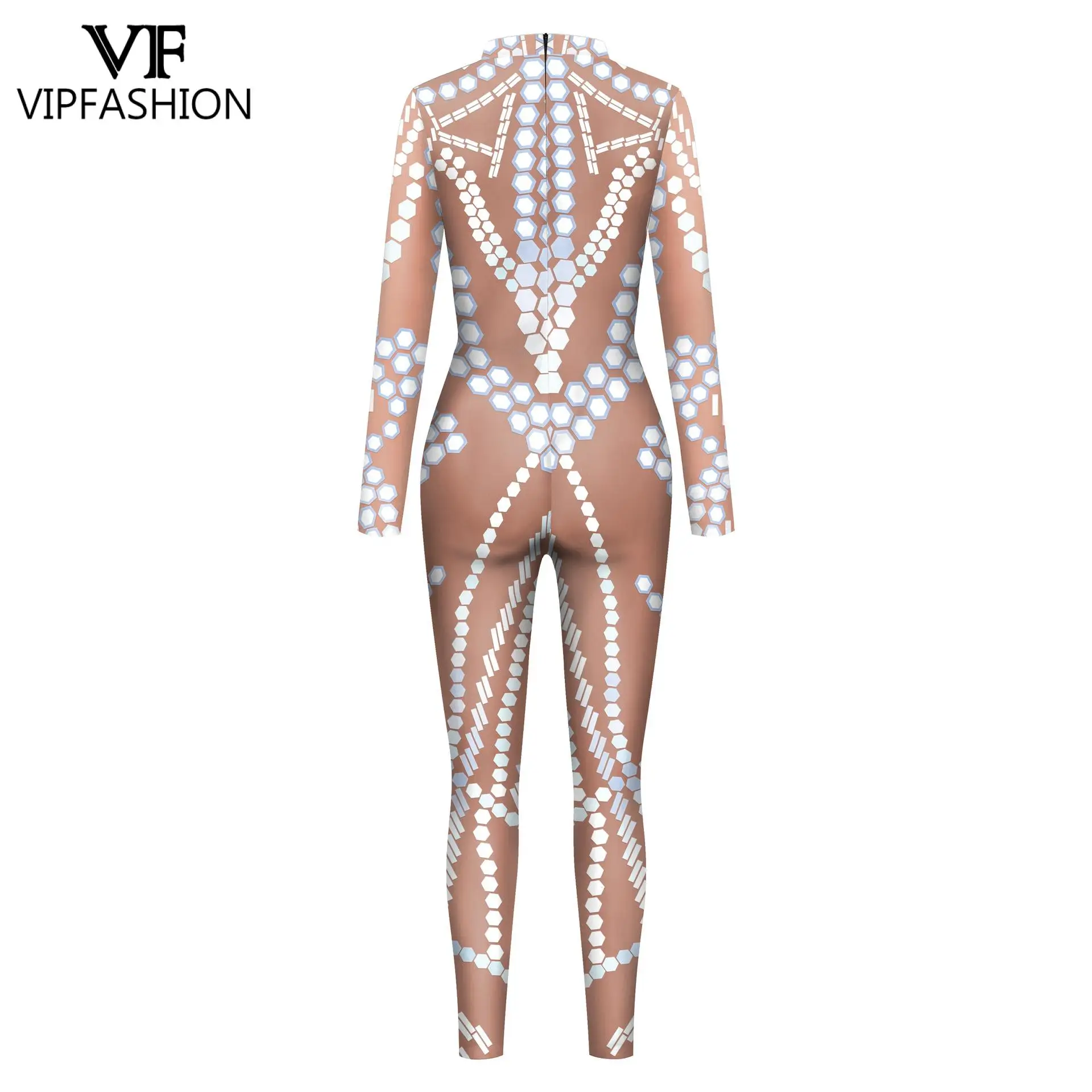 VIP FASHION Sequin Pattern Jumpsuits Women Cosplay Costume Adult Zentai Fitness Bodysuits Long Sleeve Back Zipper Party Outfit