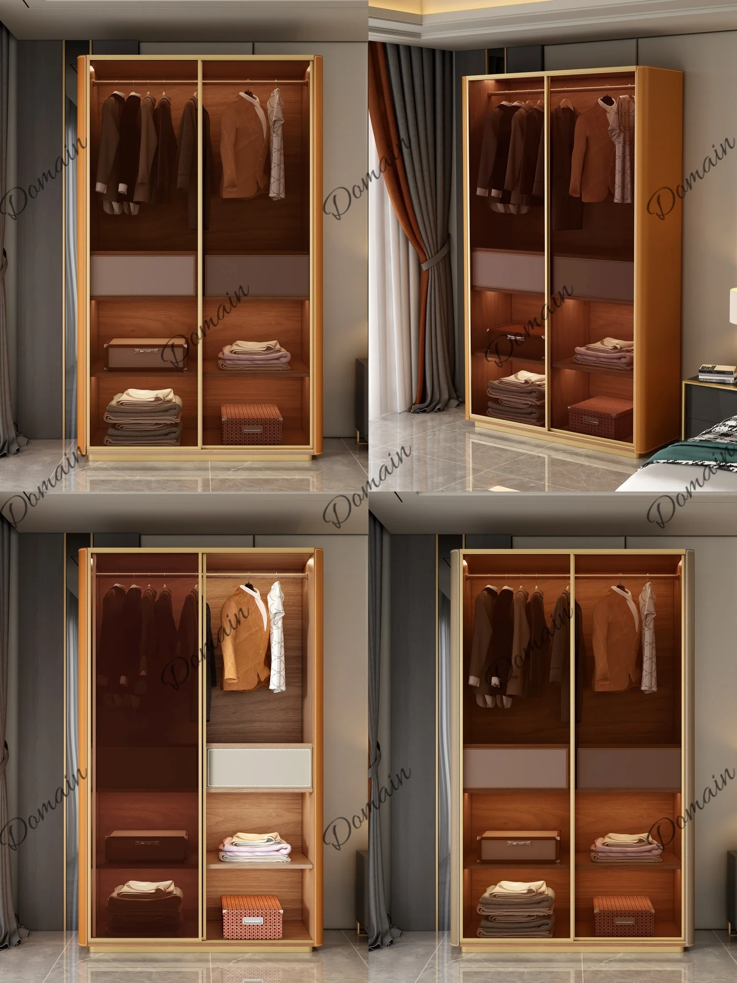 Luxury Faux Leather Sliding Wardrobe with Tempered Glass Door Modern Minimalist Bedroom Storage Cabinet for Kids