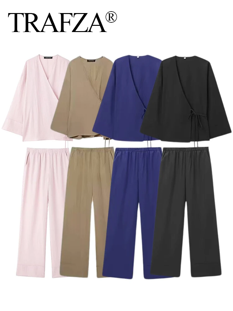 TRAFZA 2024 Women Elegant Textured Pajama Style Pants Sets Fashion Solid Lace Up Kimono Shirt Top+Elastic Waist Wild Pant Outfit