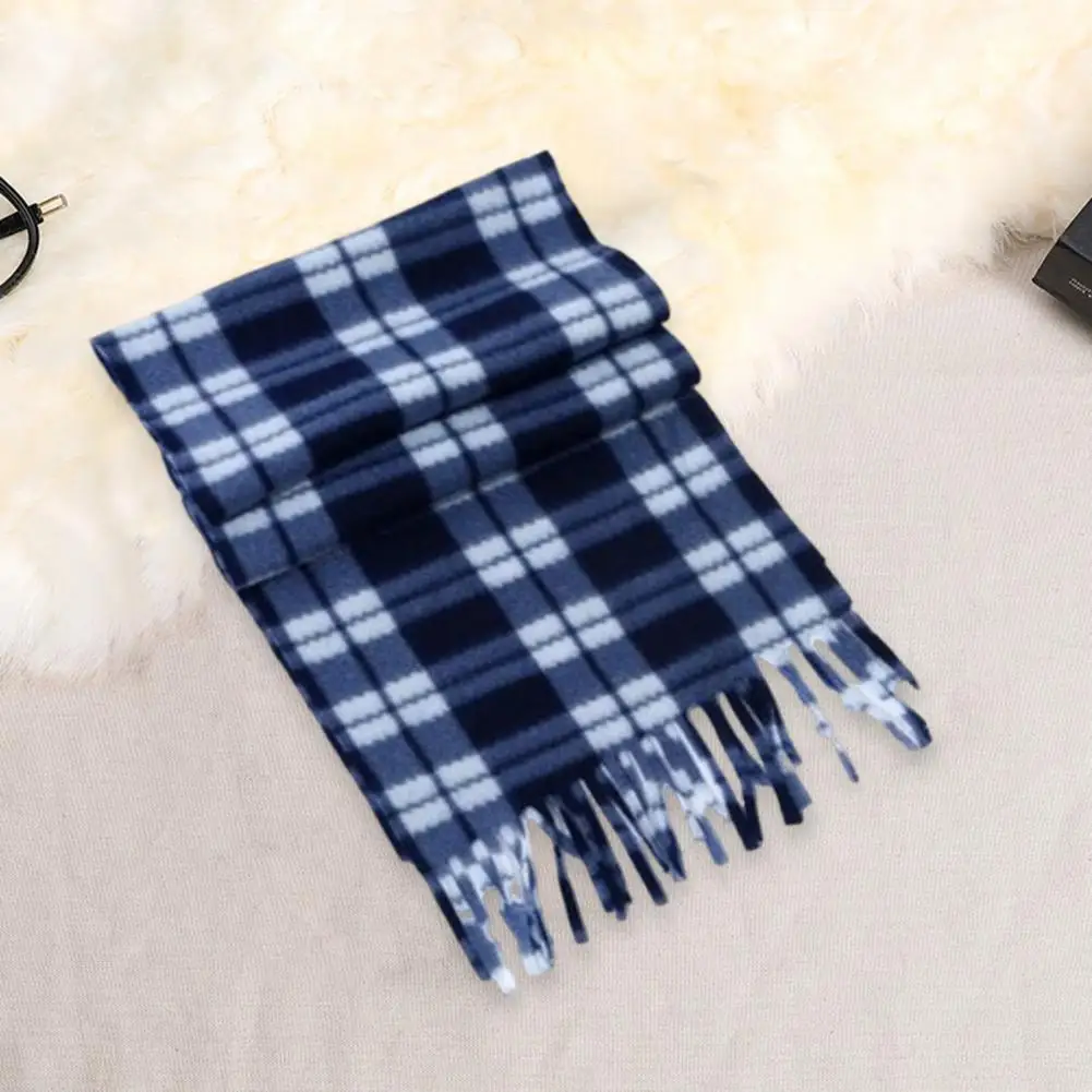 Tassel Decor Scarf Plaid Print Tassel Winter Scarf for Unisex Thick Warm Double sided Plush Long Wide Neck for Ladies