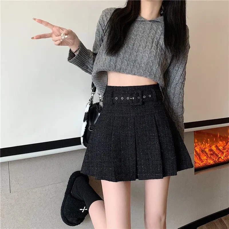 2024 New Korean Autumn and Summer with Belt Tweed Pleated High Waist Simple Commuting Thin A-word Temperament Anti-slip Skirt