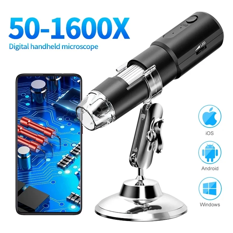 1-Wifi Digital Microscope 50X-1600X Magnification Handheld Brazing Microscope With Adjustable Stand for Kids Support IOS Android