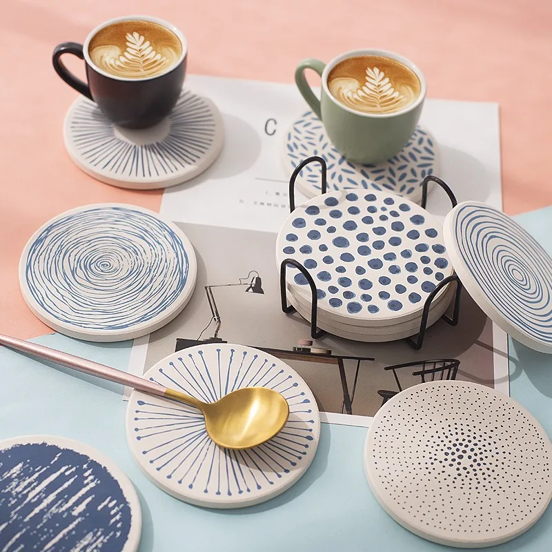 Diatomaceous Earth Coaster Set, Round Japanese Style Drink Coasters, Absorbent Heat Insulation Placemats for Home Decoration