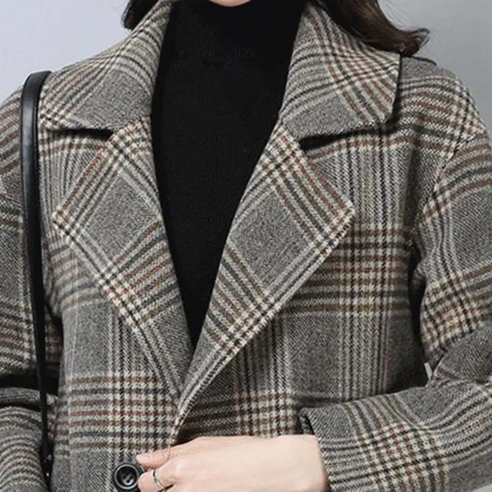 Lapel Collar Jacket Plaid Print Windproof Overcoat Stylish Mid Length Jacket for Women in Ol Commute Style Women Plaid Coat