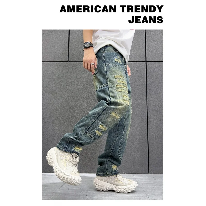 Hip Hop Trend Patch Ripped Jeans Men's Clothing Frosted Jeans Casual Pants Hole Breaking Fashion Streetwear Skateboarding Pants