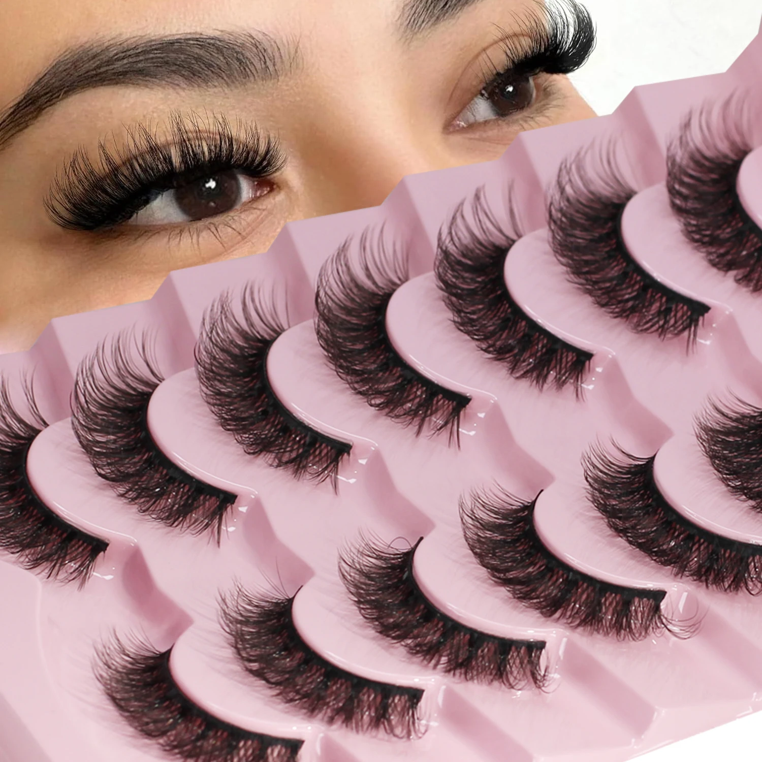 Pestañas de visón Pestañas de visón sintético esponjosas naturales Volumen grueso 3D D Curl Pestañas rusas Pestañas tenues Aspecto como extensiones Pestañas postizas Paquete de 7 pares