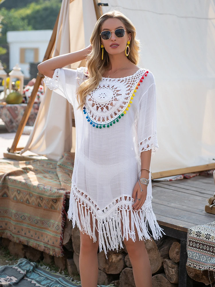 โครเชต์ชุดบิกินี่ COVER UP Fringe Trim ผู้หญิงเซ็กซี่ Hollow Fringe Tunic ชุดชายหาดชุดว่ายน้ําฤดูร้อน Beachwear หญิงหญิง
