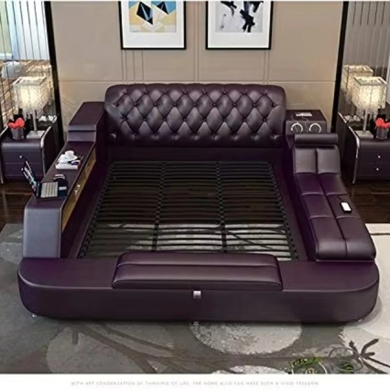 Modern Leather Fabric Bed with Storage Box Functional Bedroom Furniture