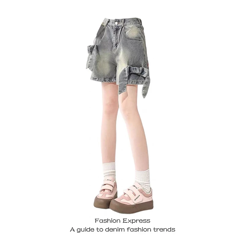 ZHIZOU Women Blue Bow Denim Shorts Vintage 2000s Y2k Gyaru A-Line Micro Jeans Shorts High Waist Hot Cowboy Pants Shorts Summer