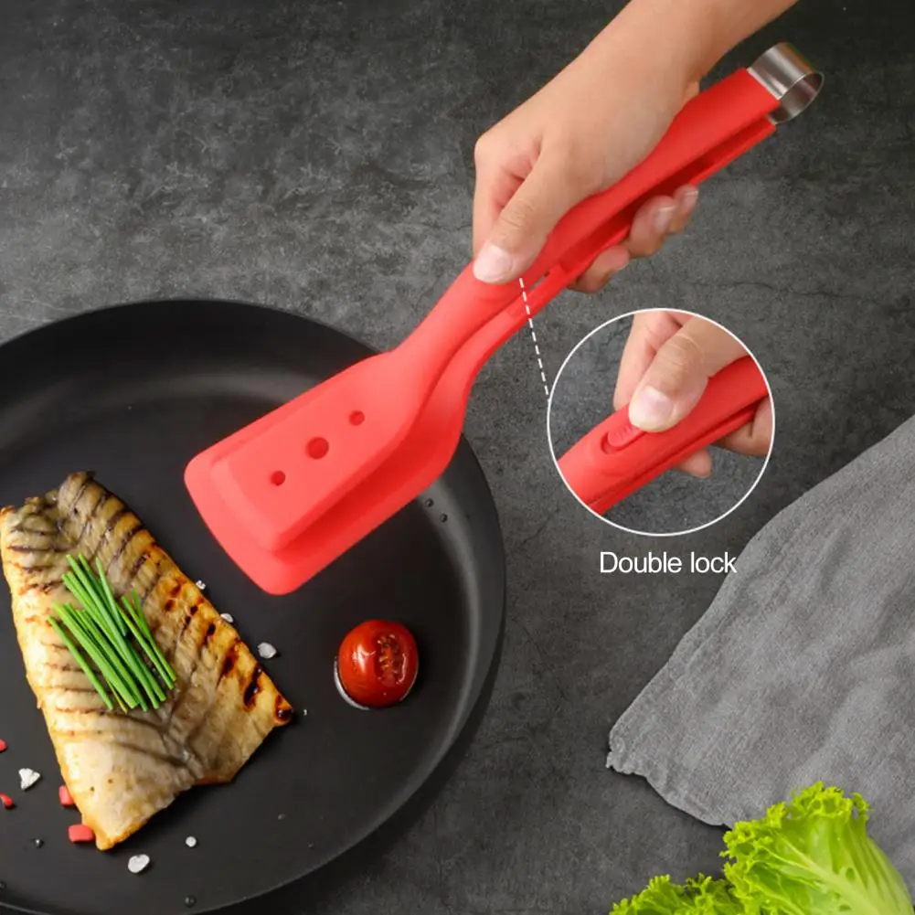 2-in-1 Silicone Spatula Frying Scoop Clip Non-Slip Handle Flexible Head Button Locks High Temperature-resistant BBQ Meat Clip