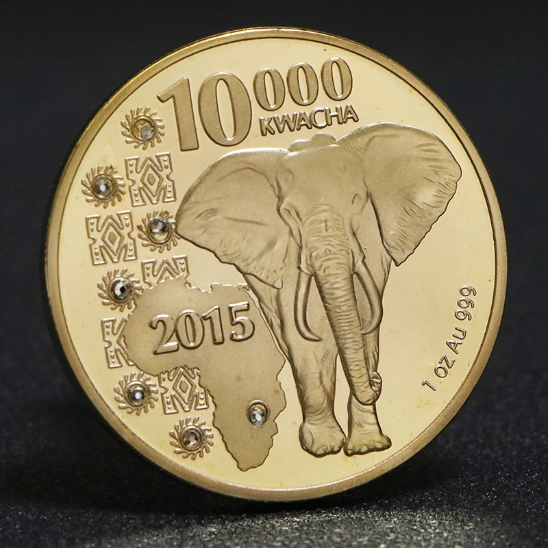 2015 Zambia 1oz.999 Animal Gold Coin Leopard Elephant Lion Buffalo 10000 Kwacha Gold Plated Replica Souvenirs Coins Collection