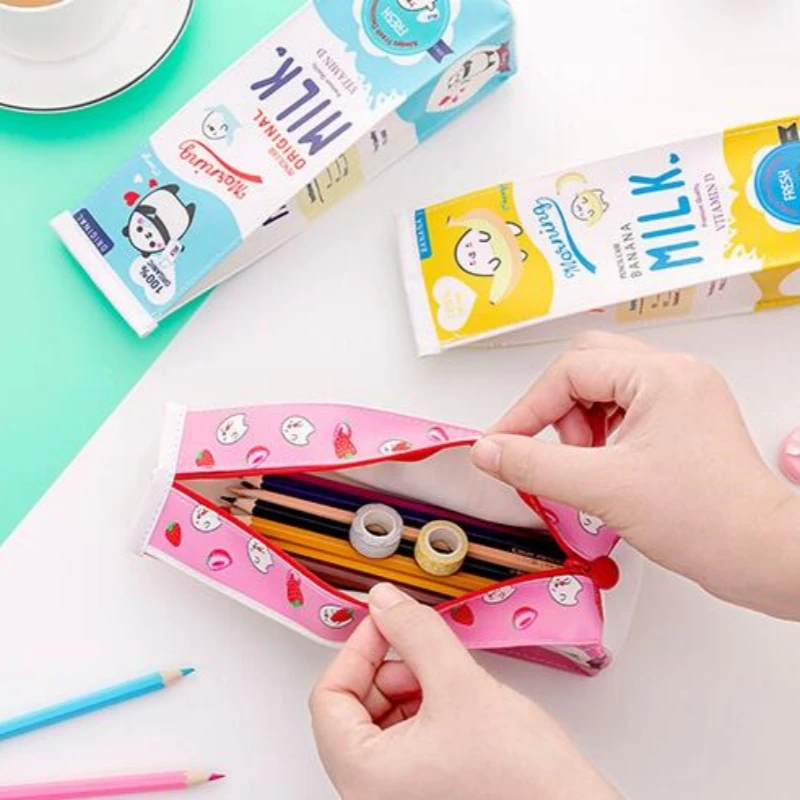 Cartoon Morning Milk PU Leather Pencil Case Stationery Storage Organizer Pencil Bag School Office Supply Escolar image 3