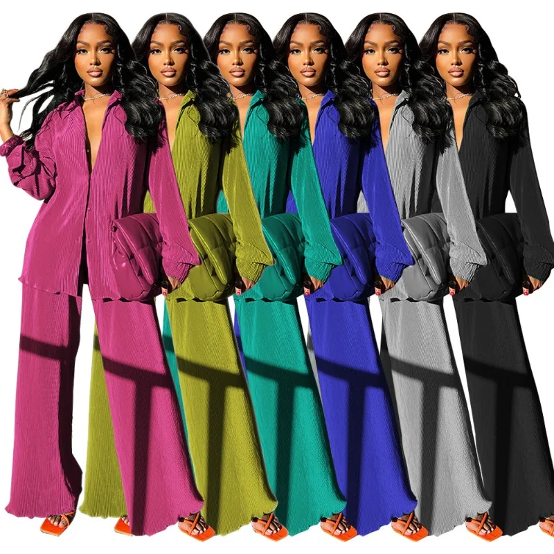 

2023 Fall Winter Solid Loose Two Piece Set Women Pleated Outfits Long Sleeve Shirts Top Wide Leg Pants Fashion Streetwear Suits