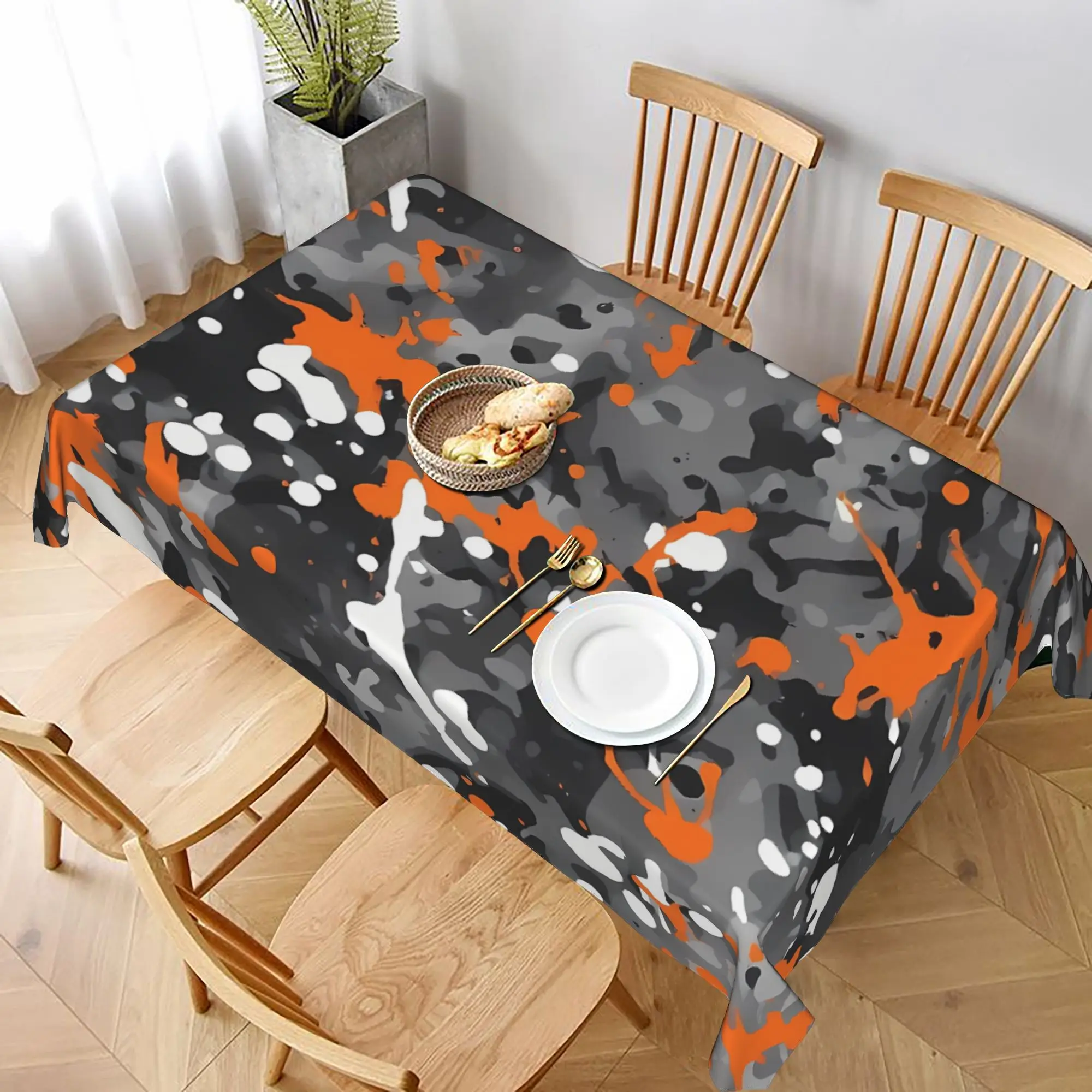 One-piece anti-wrinkle and durable splash-resistant orange camouflage tablecloth, suitable for outdoor picnics, etc.