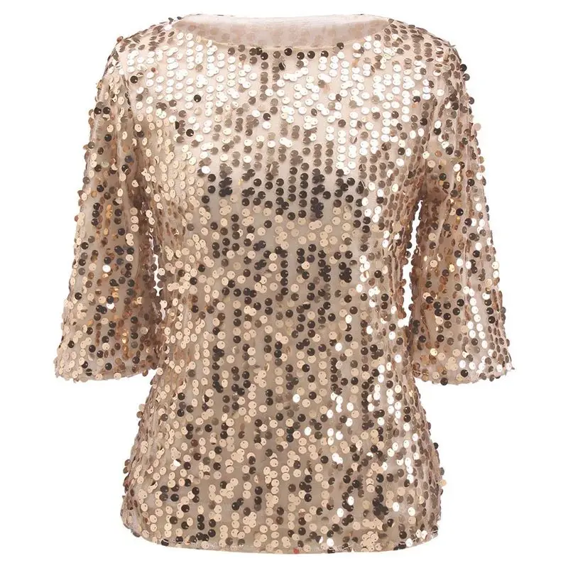 

Sexy Sequined Blouse irt ort Sve Vintage 2024 Runway Faion Ladies' Vintage Sequin Top ort Sve Women's irt