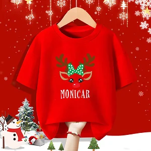 Personalised Kid Christmas Red Shirt Deer Name Child Short Sleeve Clothes T-shirt Sibling Matching Xmas Outfit Kids Tee Tops