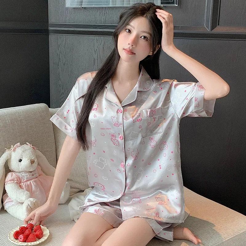 Hello Kitty Silver Cat Ice Silk Pajamas Set Women Short Sleeve Cartoon Homewear Two Piece