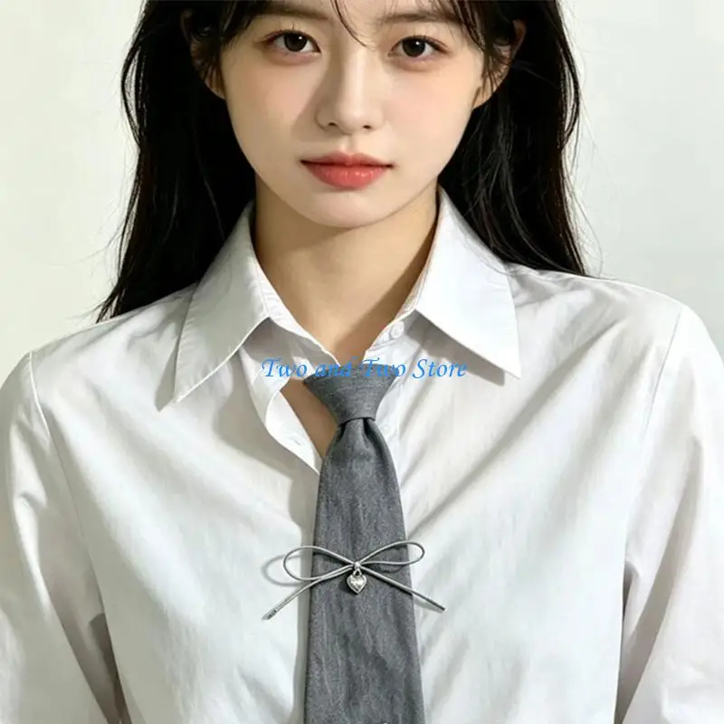 HX6F Blouse Friendly Clip On Necktie Silver Gray with Charm Detail Adjustable Strays