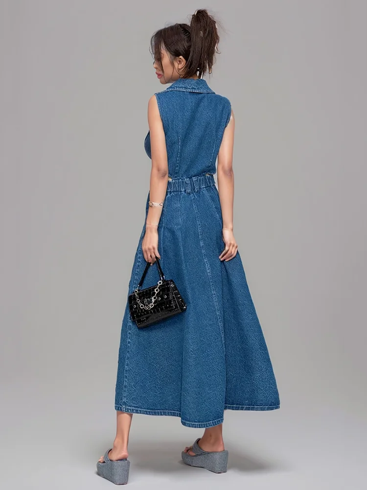 DEAT Trendy Women Waist Hollow Out Split Denim Dress 2024 Autumn Fashion Lapel Single Breasted Sleeveless Dresses Female 33A1612