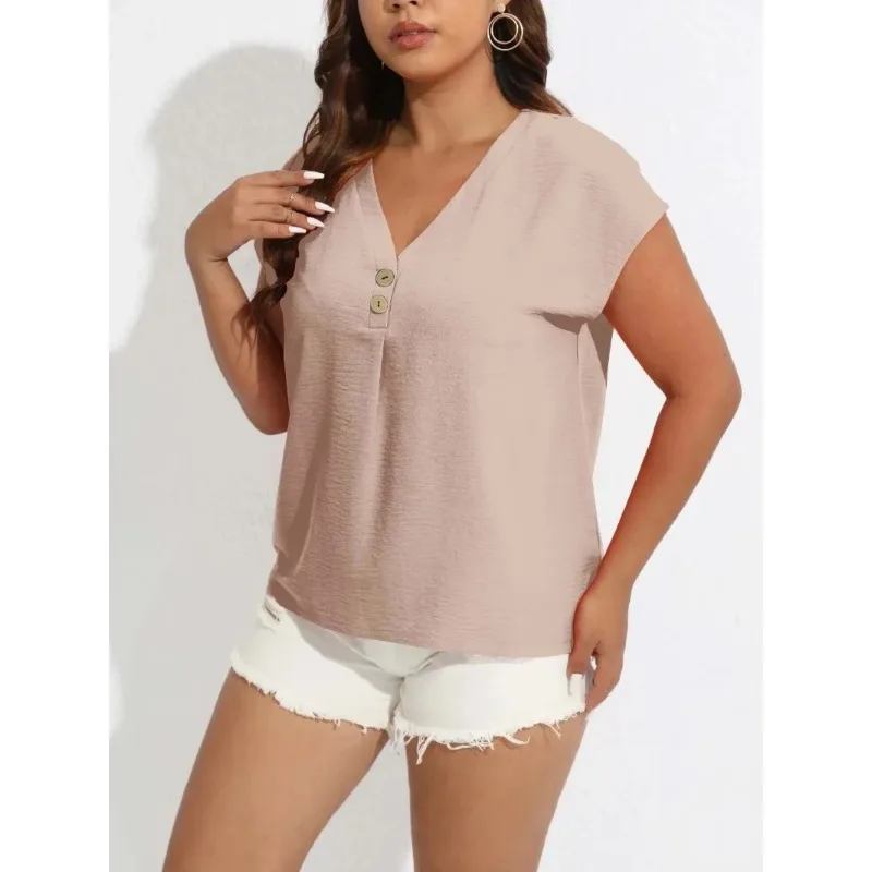 Women's Plus Size 1XL-8XL Casual Solid Color V-neck T-shirt with Buttons Short Sleeved Top Bat Sleeve Loose Shirt