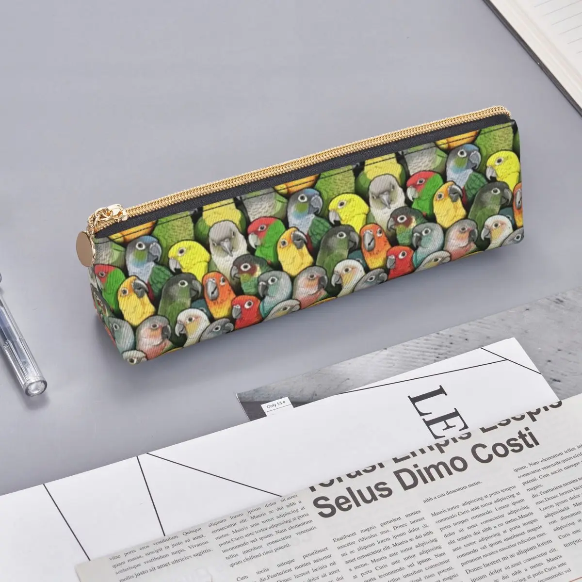 Colorful Cute Parrot Triangle Pencil Case Funny Animal Print Retro Zipper Pencil Box Teenager College Leather Pen Bags