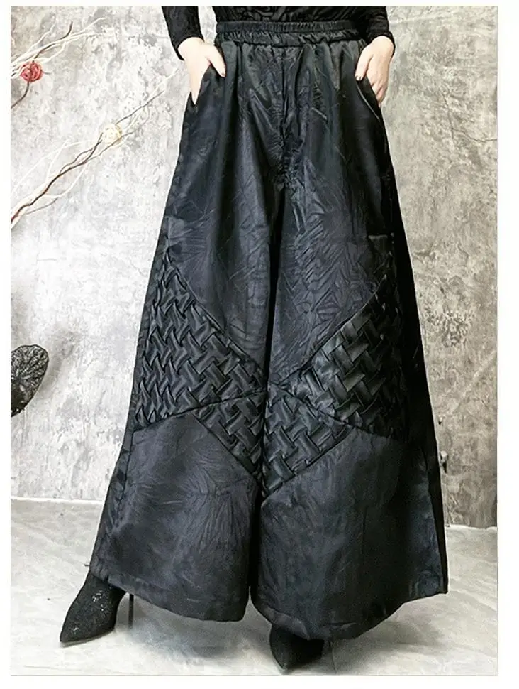 New Fashion Retro Women Chinese Style High-waisted Elegant Elastic Waist Straight Wide-leg Pants Personality Patchwork Trousers
