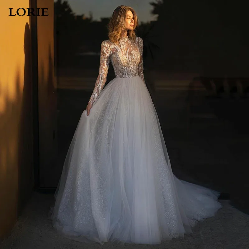 LORIE Long Sleeve Lace Wedding Dresses A Line High Neck Shiny Appliques Bride Dress Vintage Lace Wedding Gowns 2023