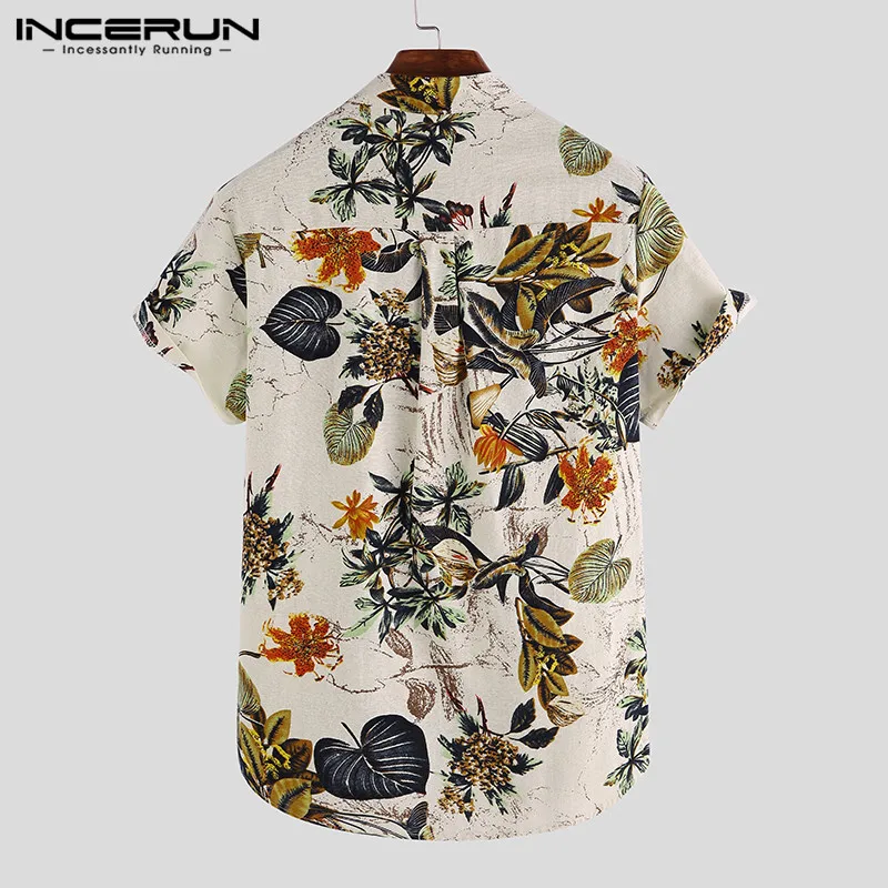 INCERUN Men Hawaiian Shirt Printing Short Sleeve Stand Collar 2023 Casual Vacation Men Clothing Streetwear Cotton Shirts S-3XL