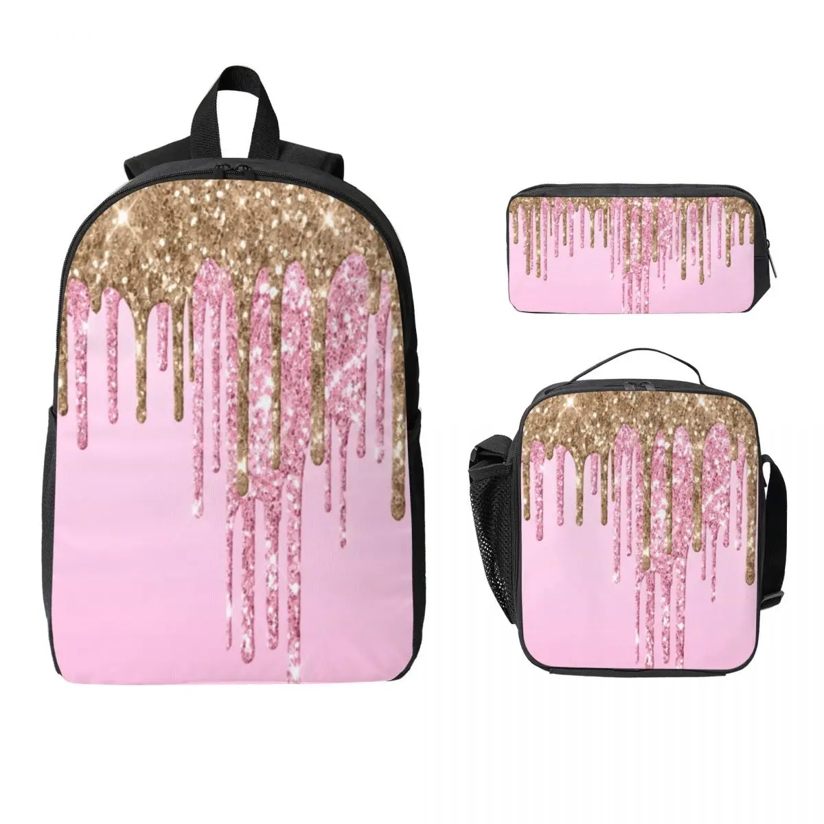 

Black And Gold Glitter Pattern Backpack Boys Girls BookBag School Bag Computer Shoulder Bags 3ps Insulated Lunch Bag Pencil Case