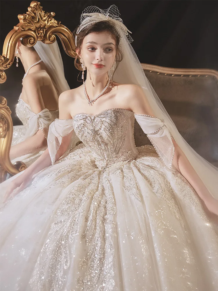 Robe de Mariée en Dentelle Brodée Sans Bretelles, Tenue de Princesse avec Grand Nministériels d, Nouvelle Collection 2023