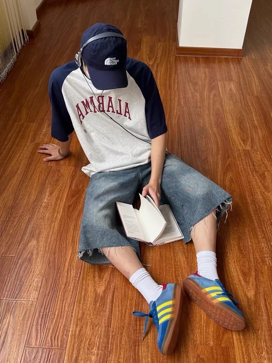 

Джинсовые брюки с потертостями в стиле ретро, мужские и женские летние модные свободные широкие брюки на семь футов, джинсы с высокой талией